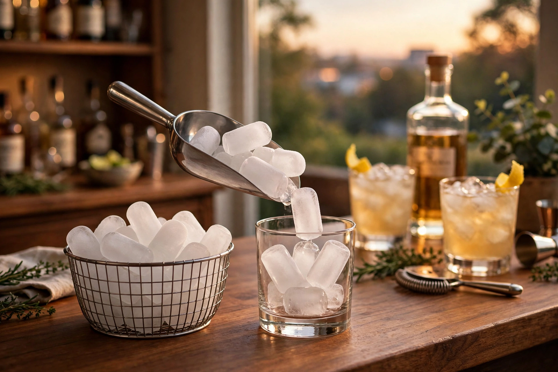 Portable ice maker filling a home bar ice basket for cocktails