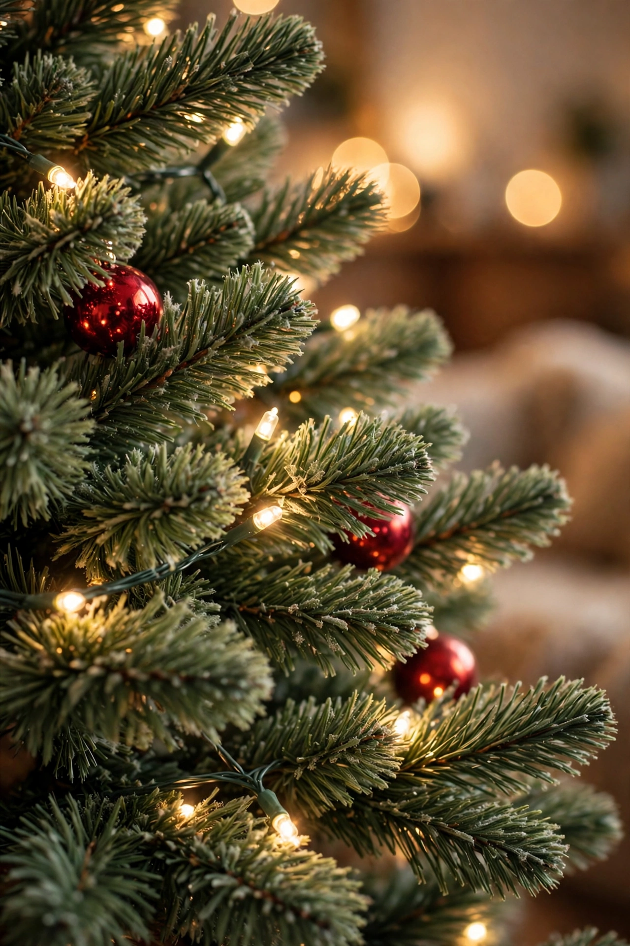Close-up of prelit artificial Christmas tree branches with warm white LED lights