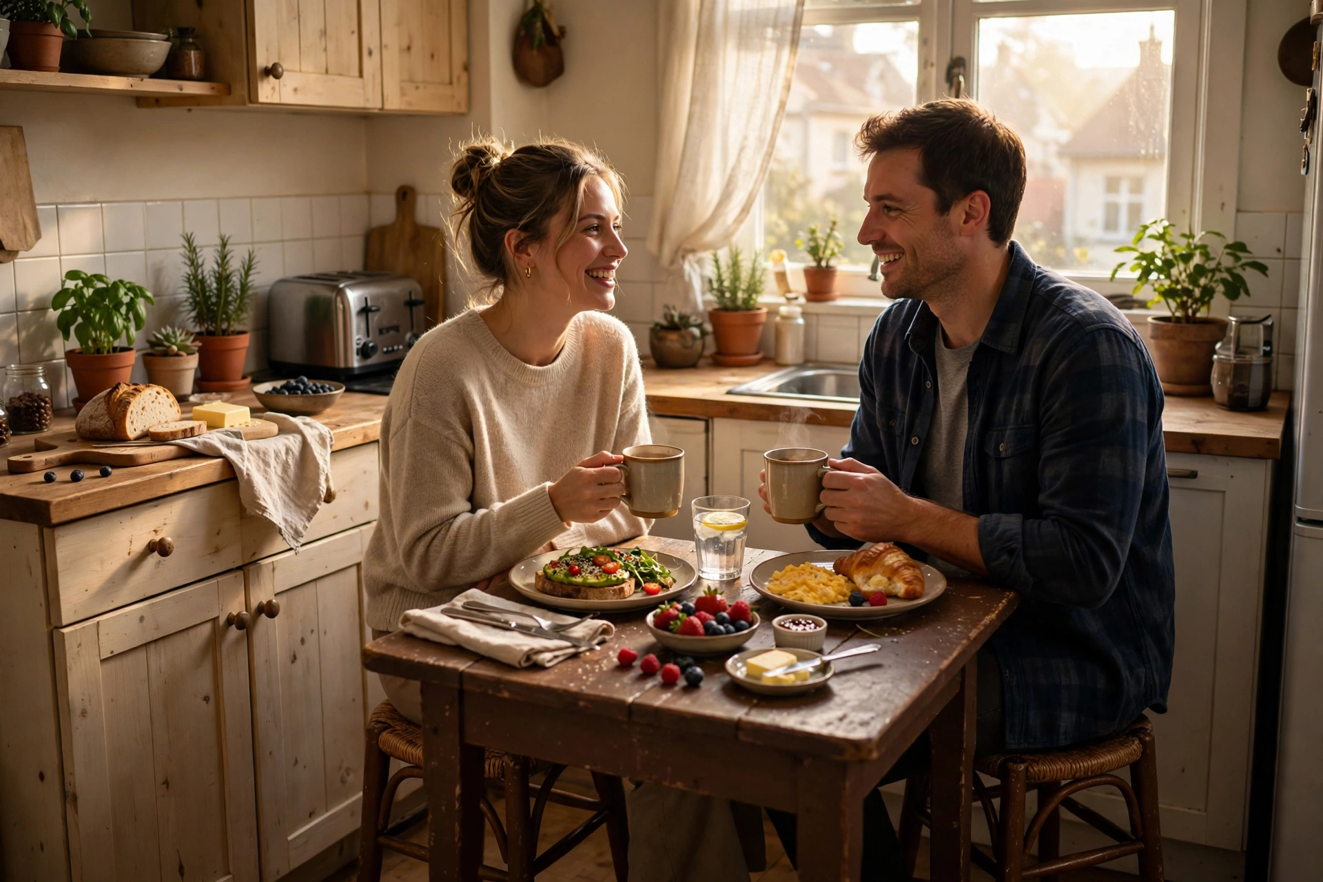 Couple having breakfast at a rustic brown pub table set in a small kitchen
