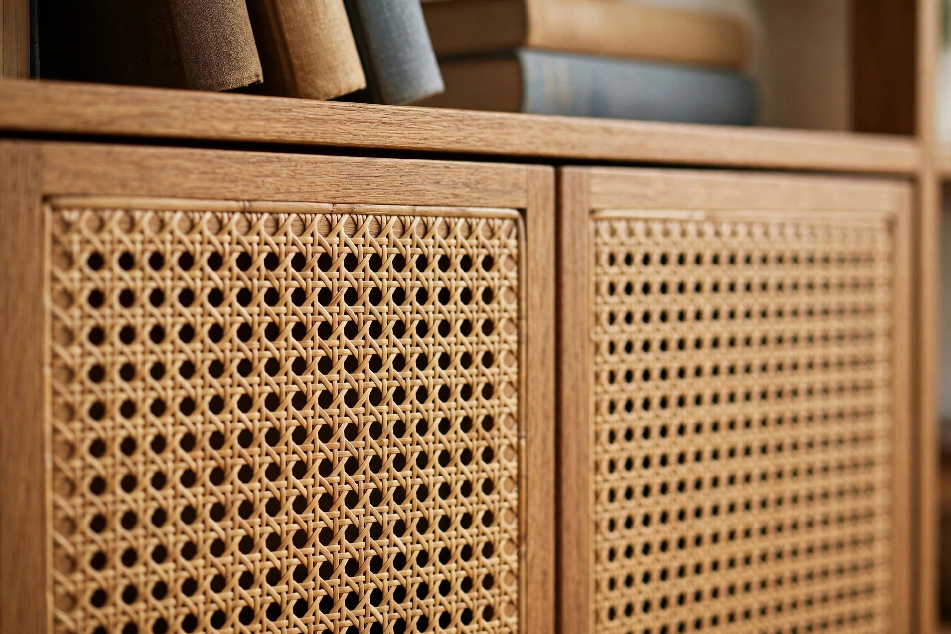 Close-up of hand-woven natural rattan cabinet doors on a rattan bookshelf