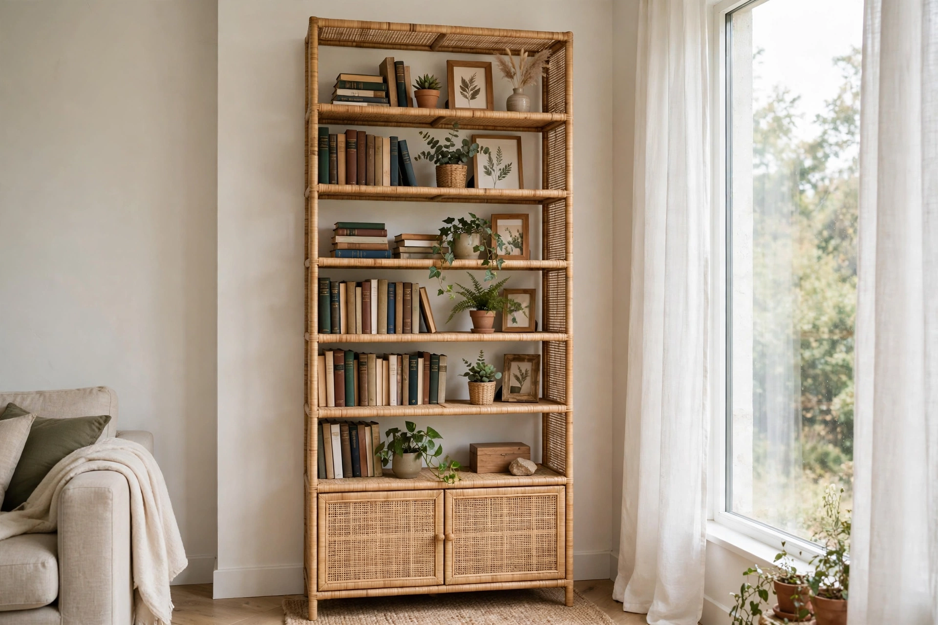 Rattan bookshelf with seven open shelves and woven rattan cabinet in a bright living room