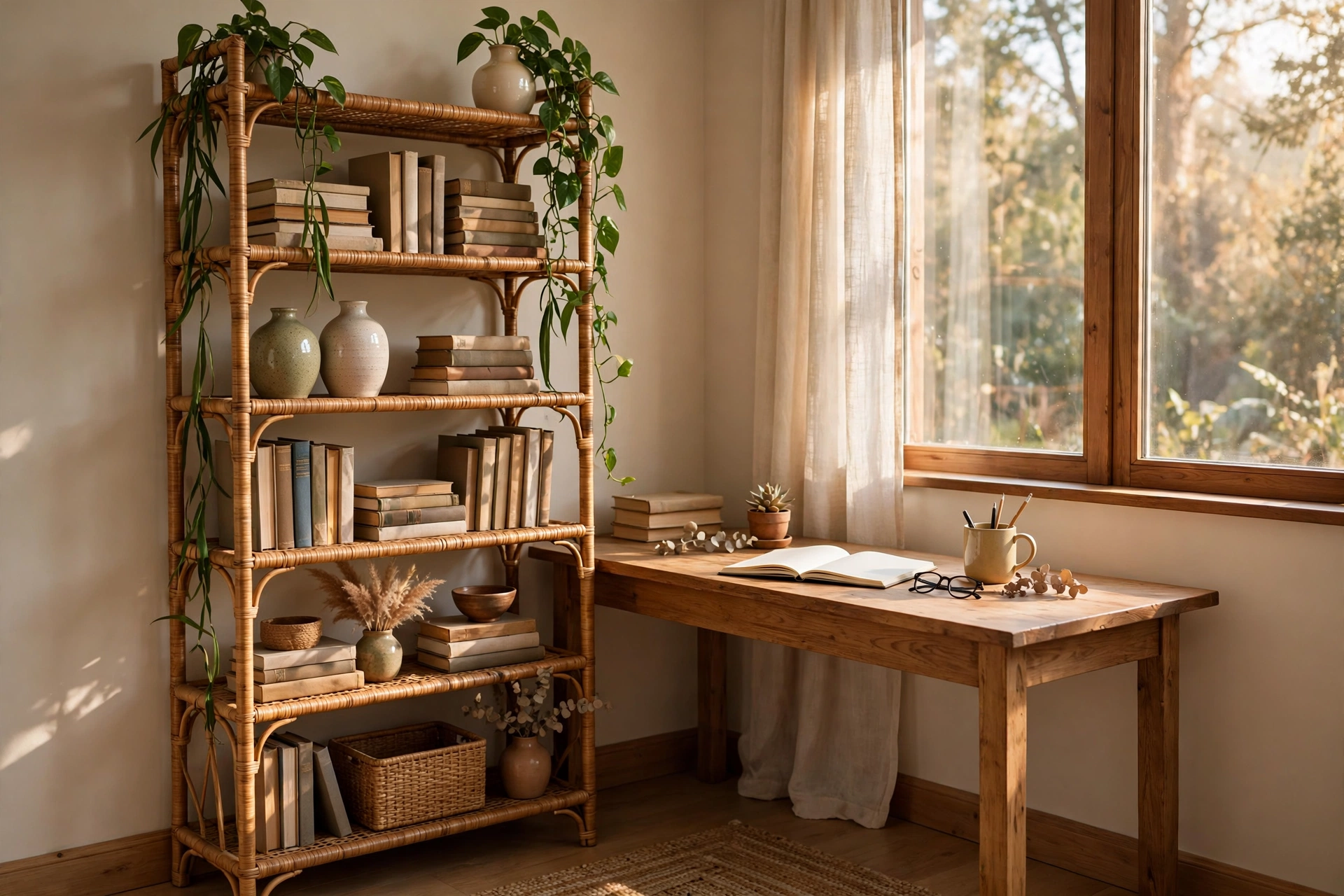 Tall rattan bookshelf styled with books and plants in a home office