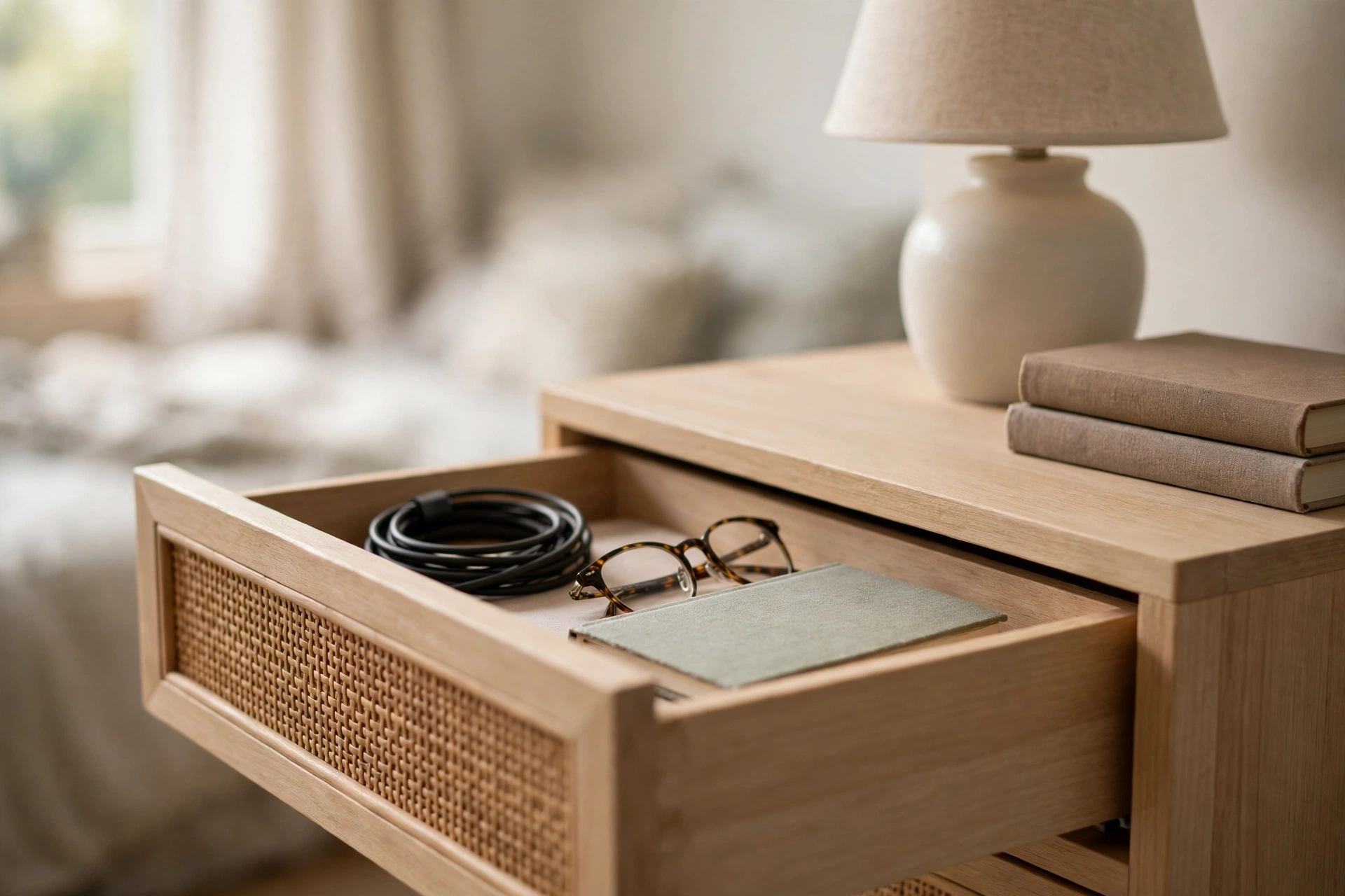 Rattan nightstand drawer open showing phone charging cable and neatly stored bedside items