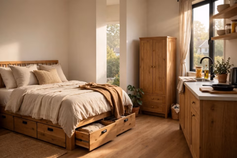 Renter friendly furniture in a 450 sq ft studio apartment