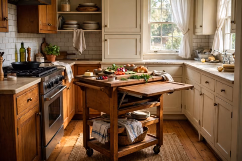 Rolling kitchen island cart with drop leaf raised in a galley kitchen