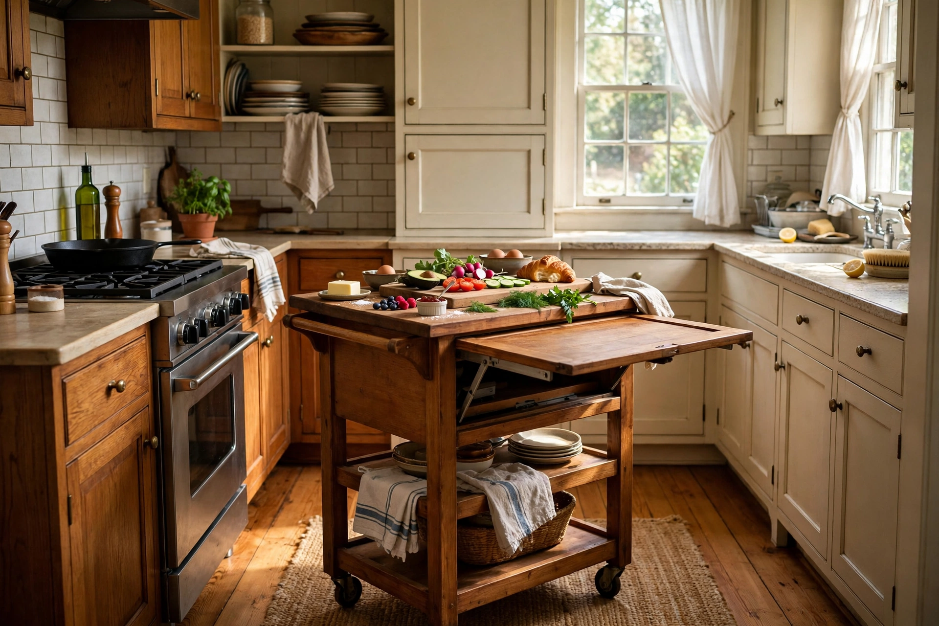Rolling kitchen island cart with drop leaf raised in a galley kitchen