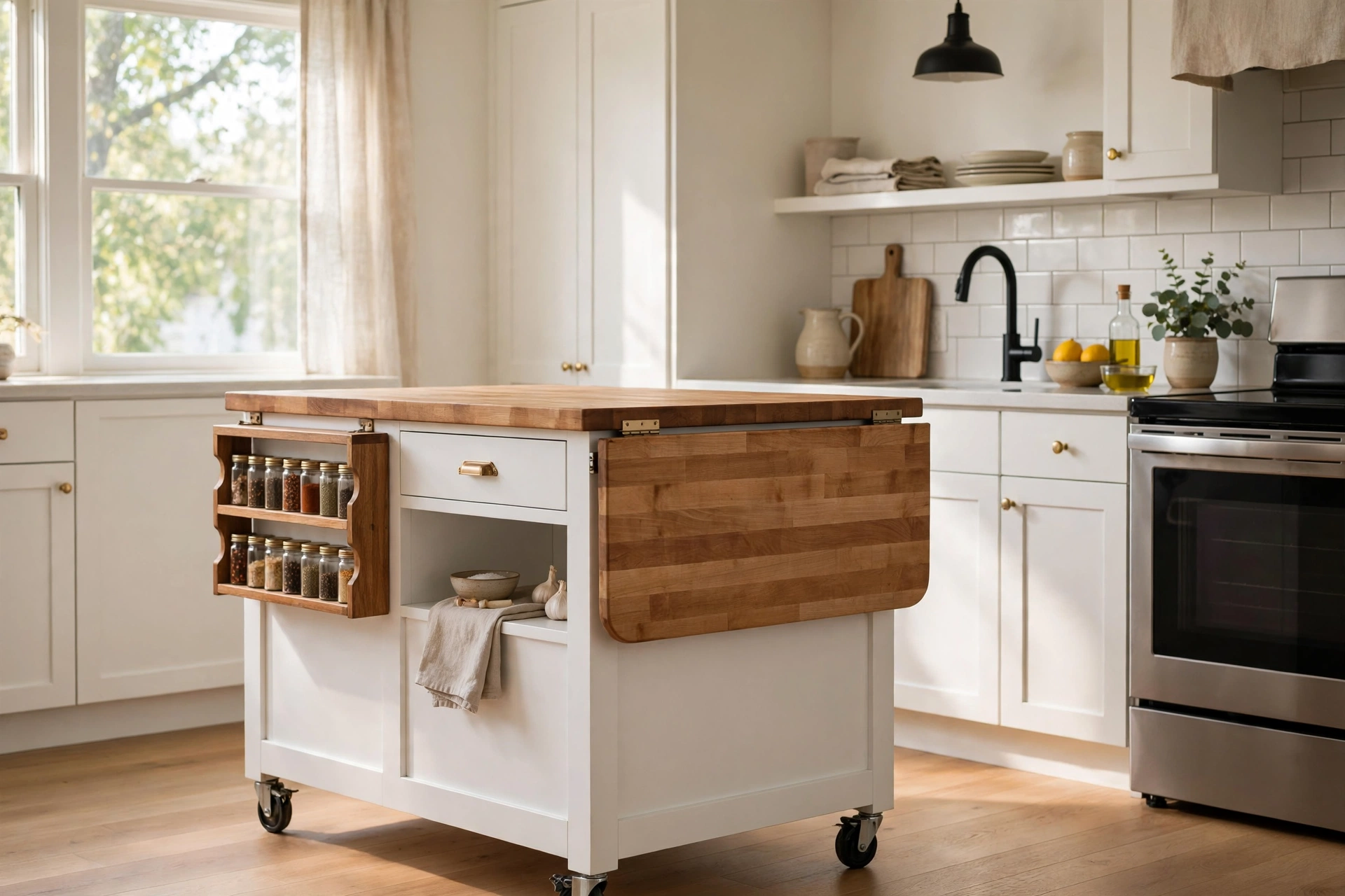 Rolling kitchen island with drop leaf in a small bright kitchen