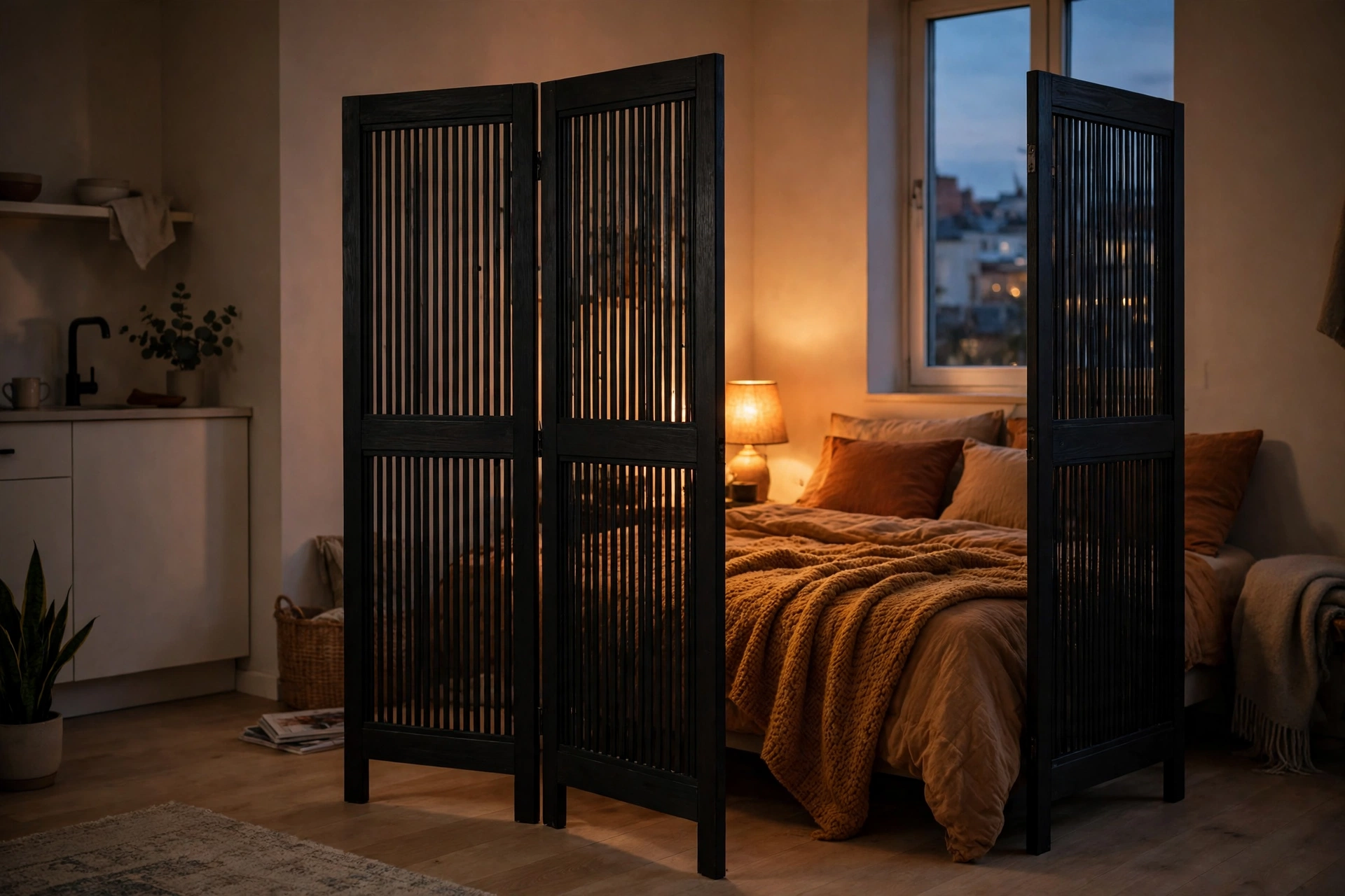 A folding privacy screen giving a small studio apartment bedroom nook real privacy at night