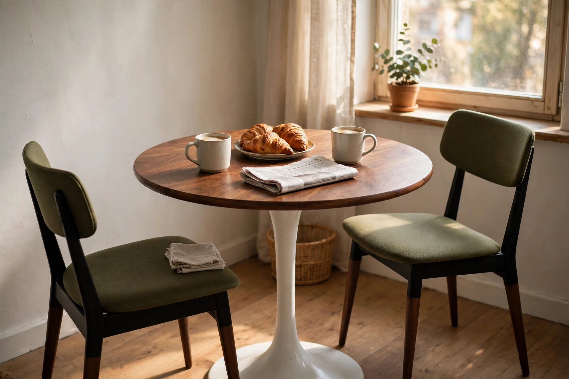 Breakfast set on a mid-century round dining table in a small apartment kitchen