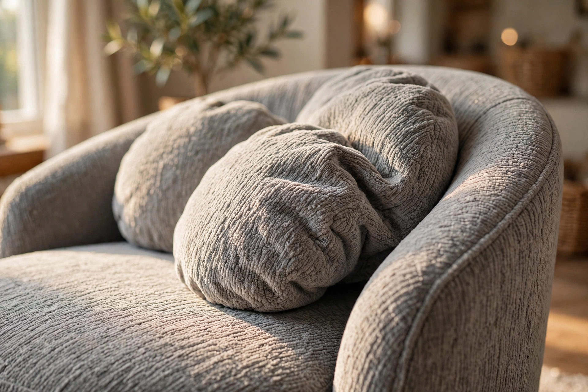 Close-up of gray chenille fabric texture on a round swivel club chair