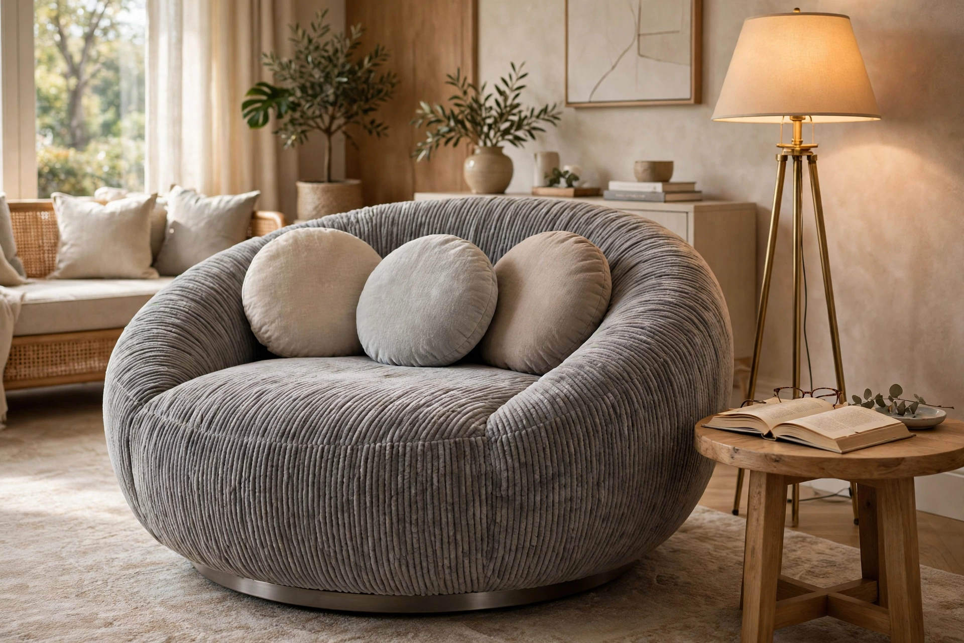 Oversized round swivel chair in gray chenille fabric in a cozy living room reading corner