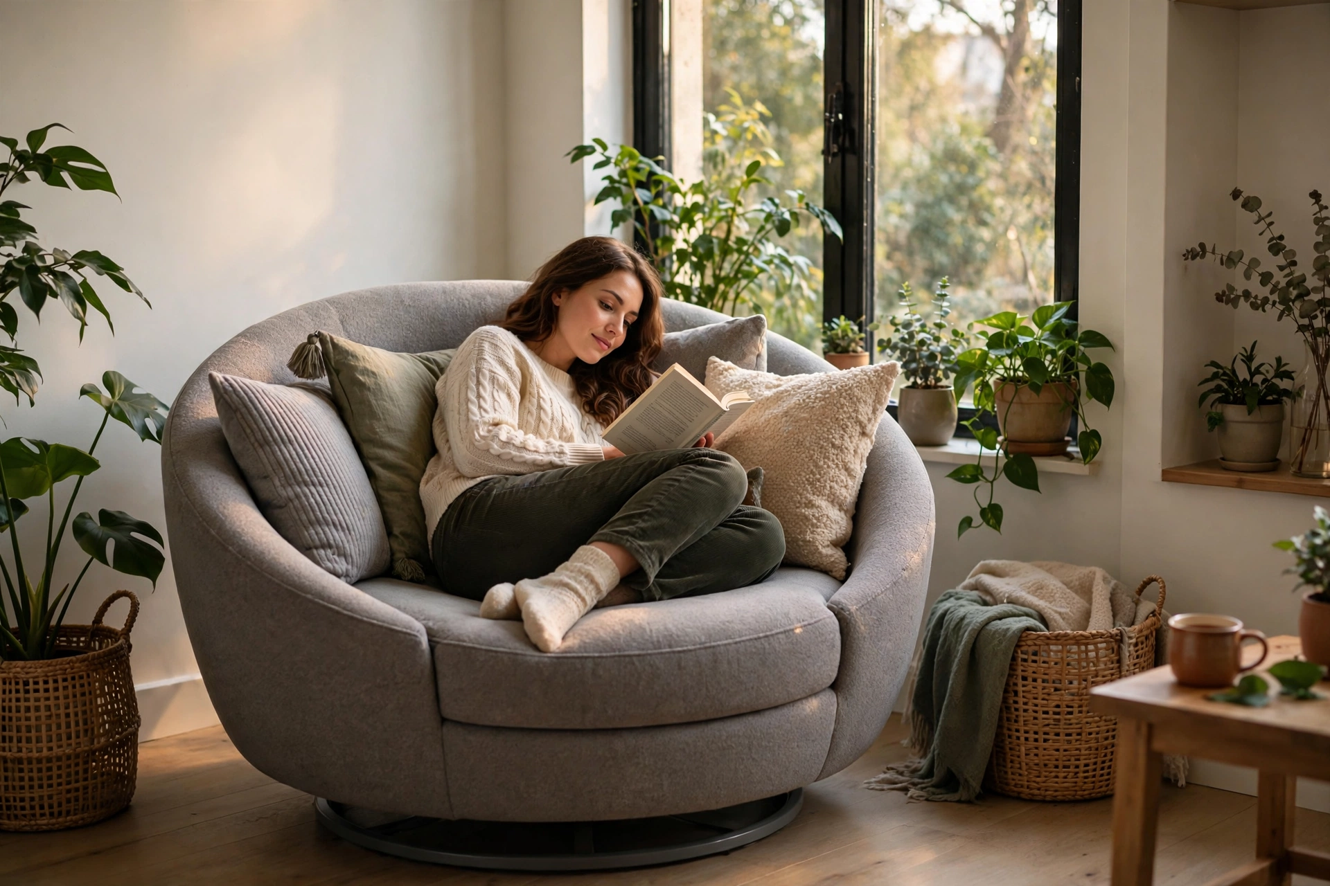 Woman reading in a round swivel cuddle chair by a window in a small apartment