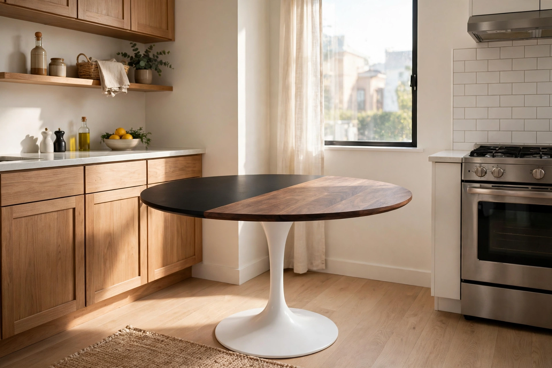 Round tulip dining table styled in a bright small kitchen