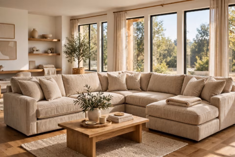 Beige chenille sectional sleeper sofa in a bright modern living room