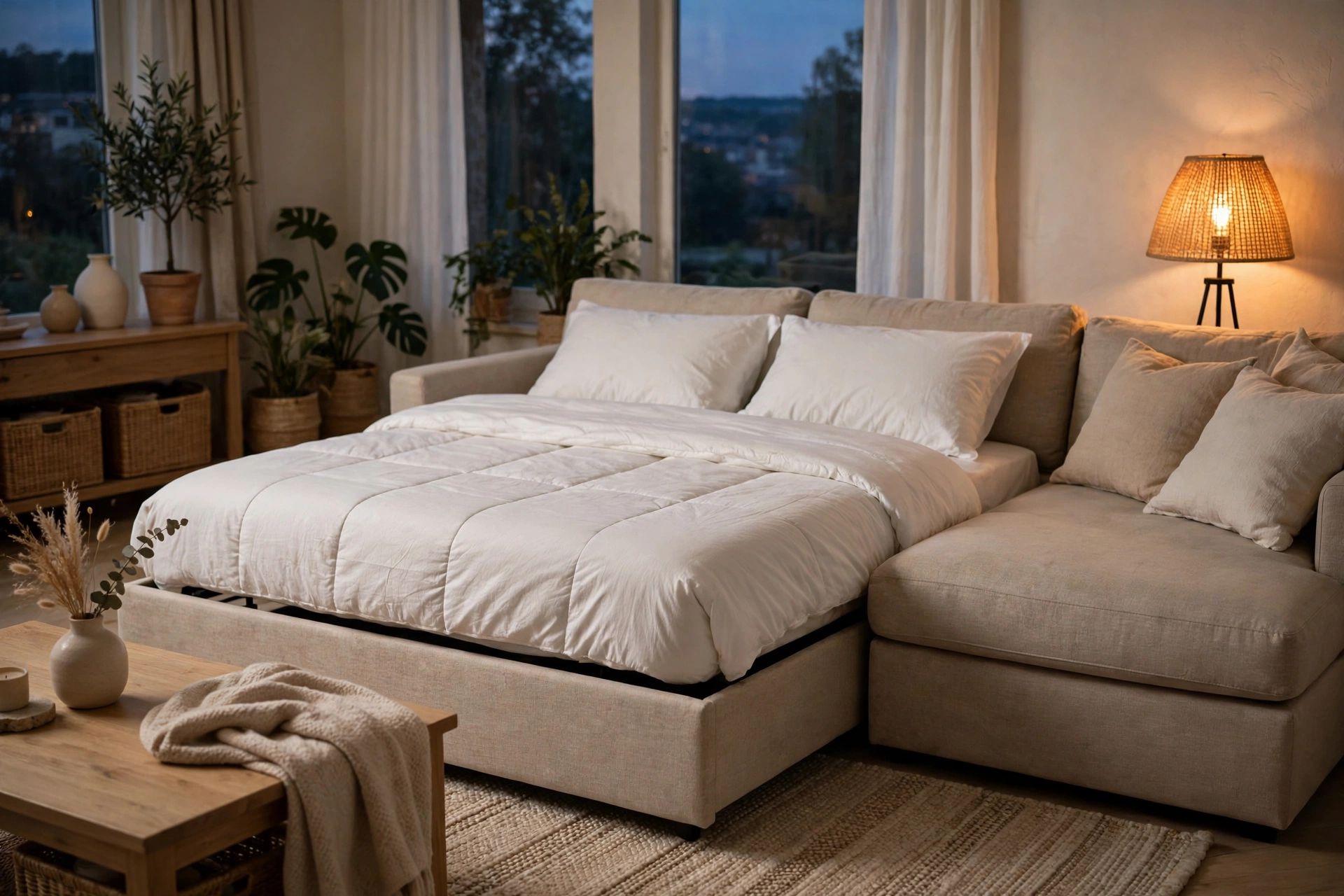 Pull-out bed extended on a sectional sleeper sofa, made up for overnight guests