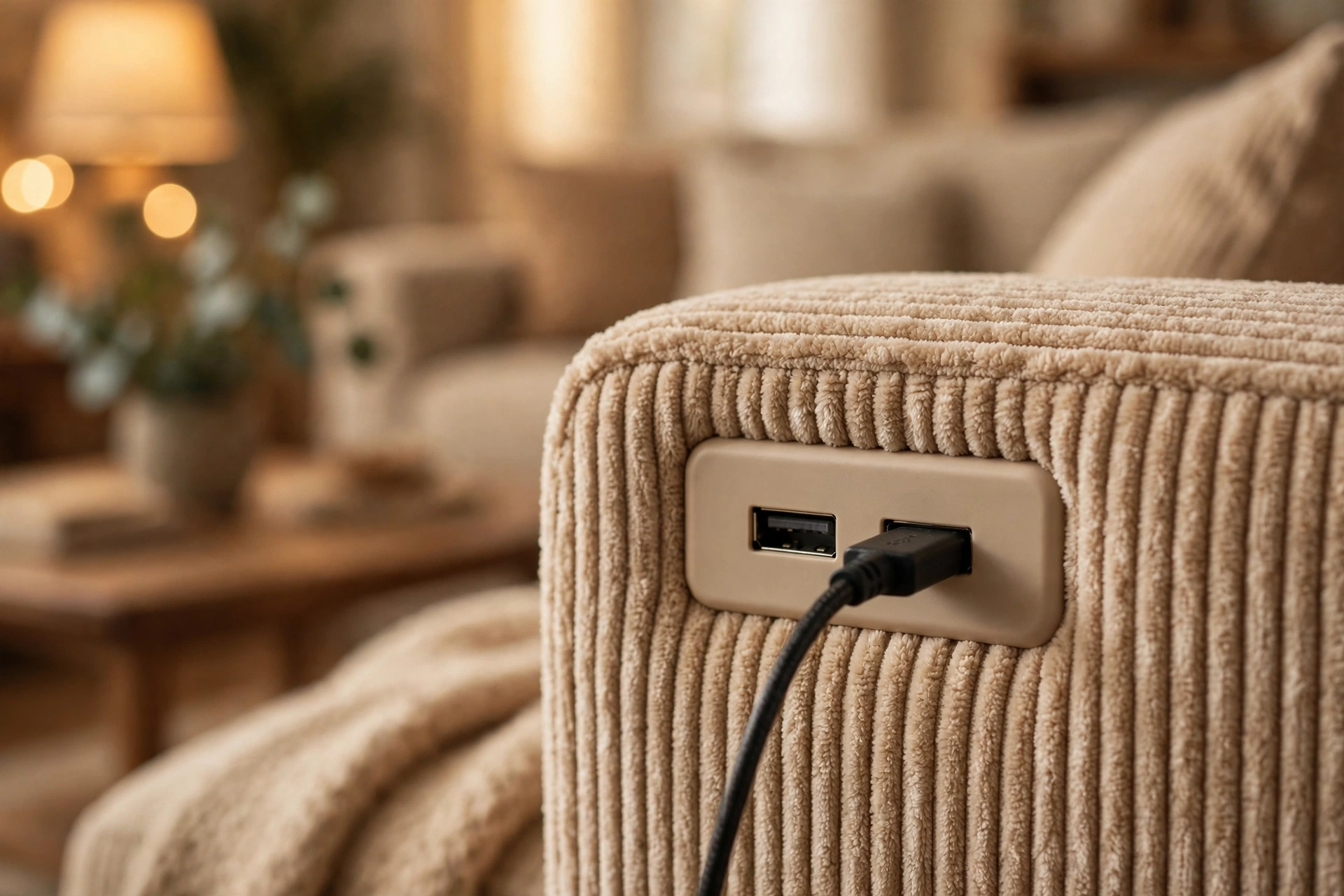 Dual USB charging ports on the side armrest of a sectional sleeper sofa