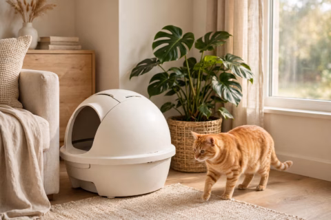 Self-cleaning cat litter box with cat in a bright living room