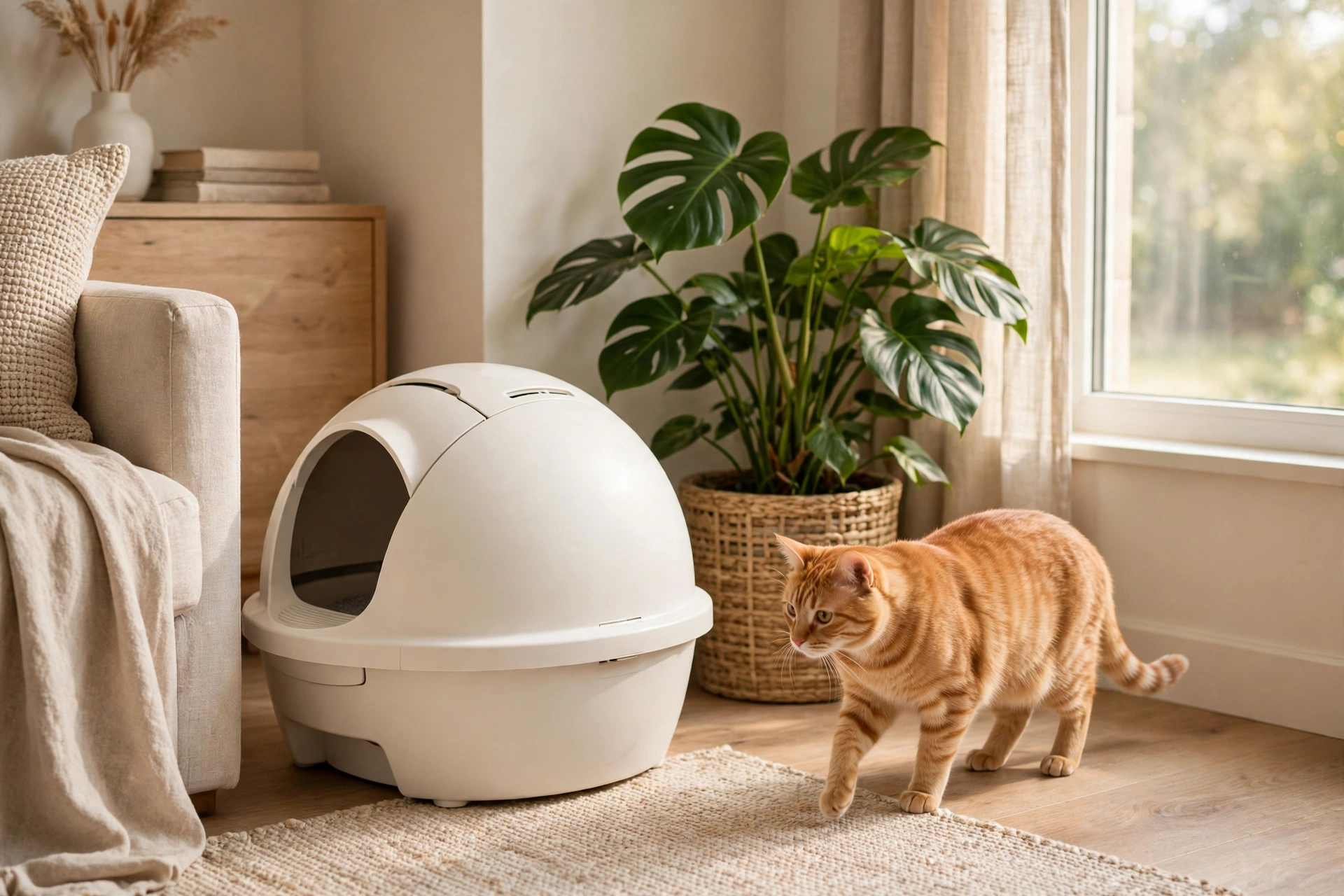 Self-cleaning cat litter box with cat in a bright living room