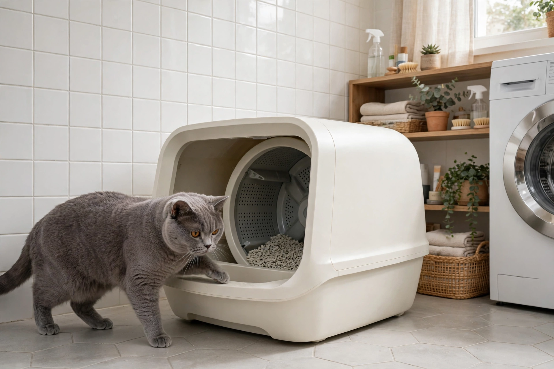 Senior cat stepping through the low entrance of a self-cleaning litter box