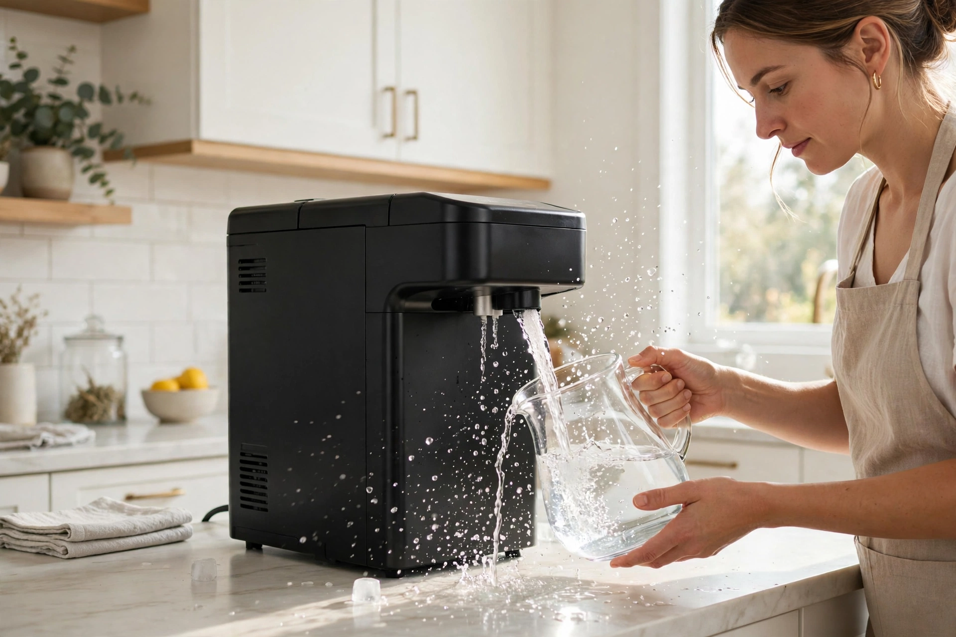 Self-cleaning countertop ice maker machine being rinsed with a glass pitcher