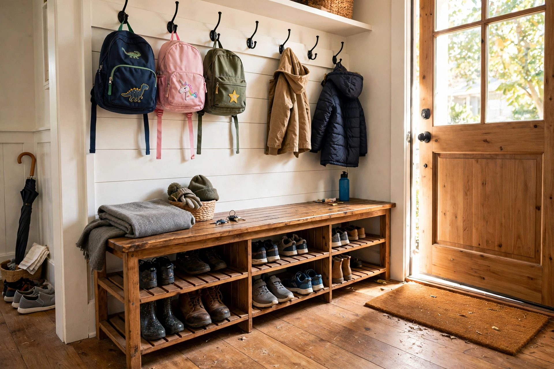 Family mudroom hallway with wooden shoe bench and wall hooks
