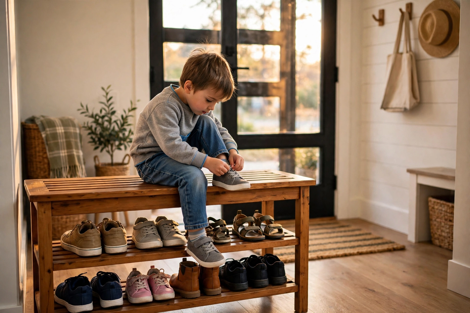 Kid sitting on a 200-pound capacity entryway bench tying shoes
