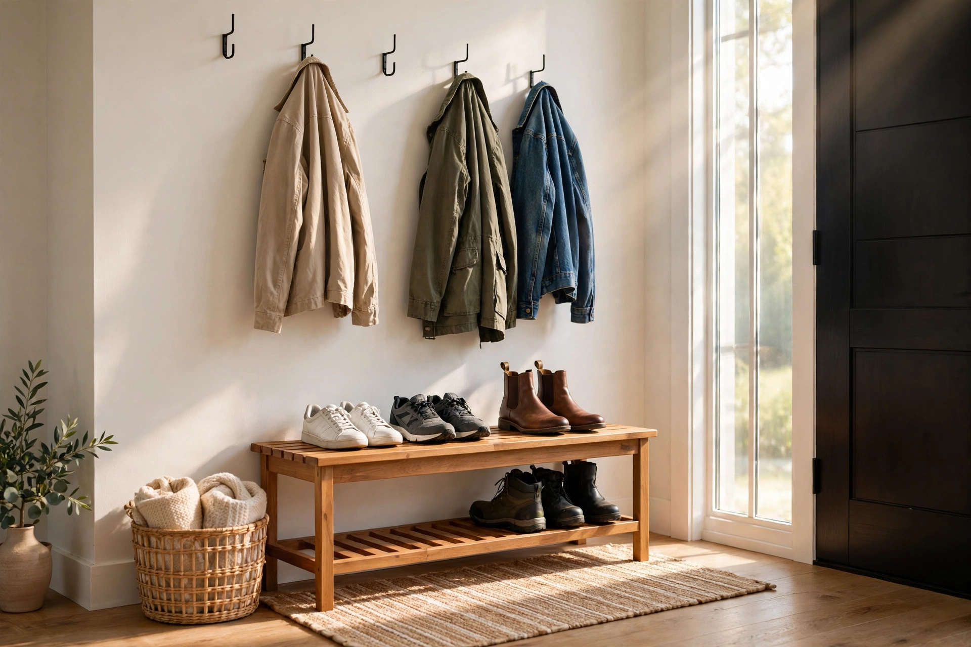 Acacia wood shoe rack bench with neatly arranged shoes in a bright entryway