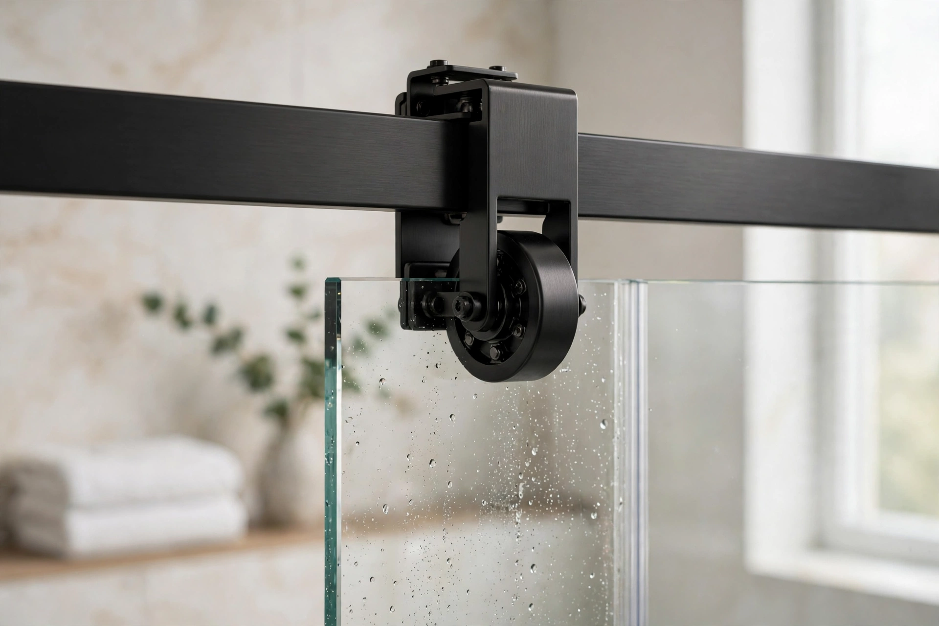matte black stainless steel rollers and guide bar on tempered glass sliding shower doors