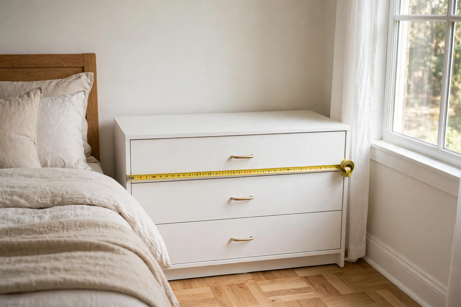 9 drawer dresser being measured for wall fit in a bedroom