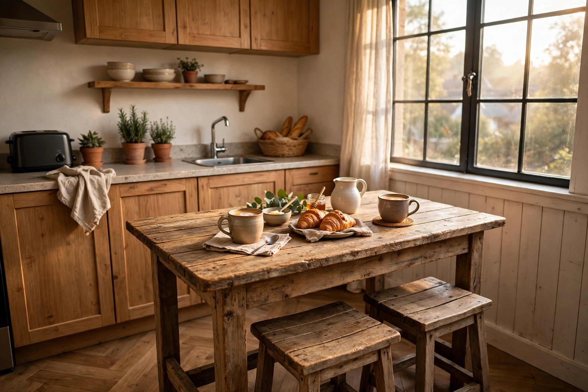 Small dining table set styled in a cozy breakfast nook