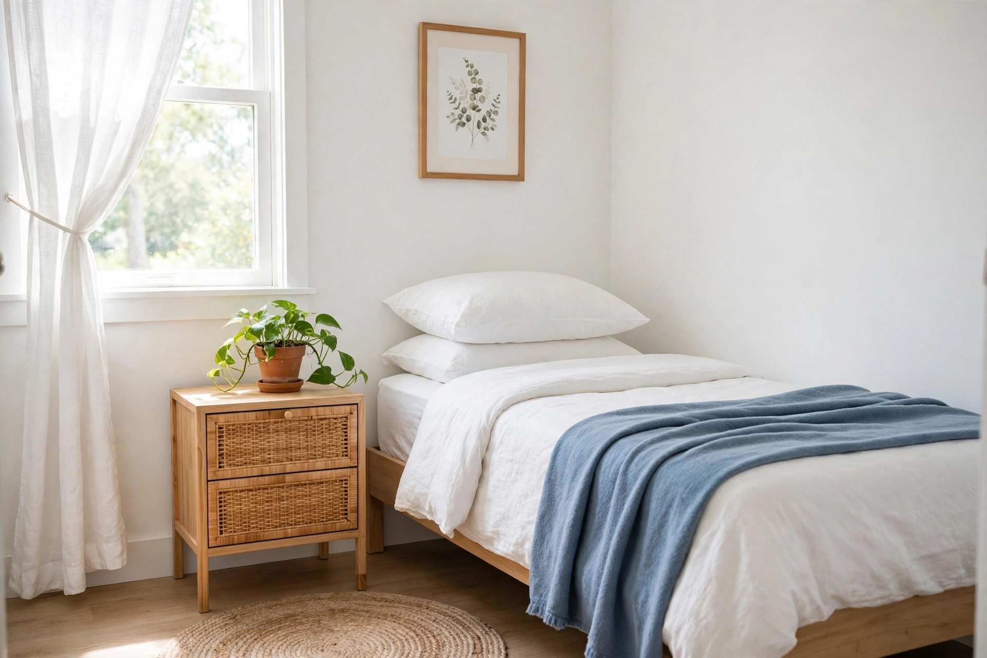Small nightstand for bedroom in a bright guest room with plant and daylight