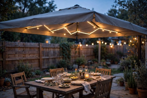 Solar LED patio umbrella glowing over a patio dining table at dusk