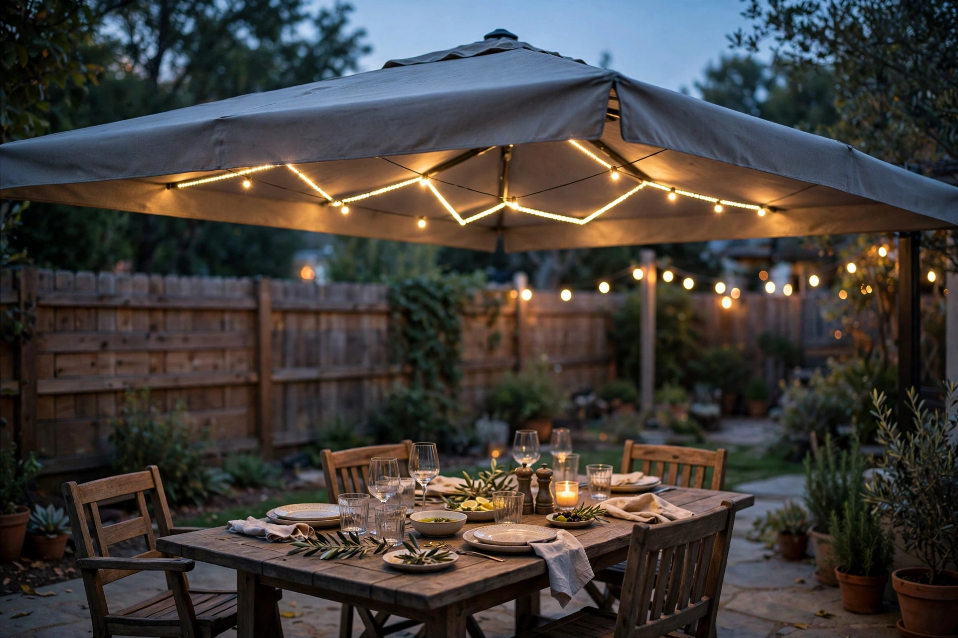 Solar LED patio umbrella glowing over a patio dining table at dusk