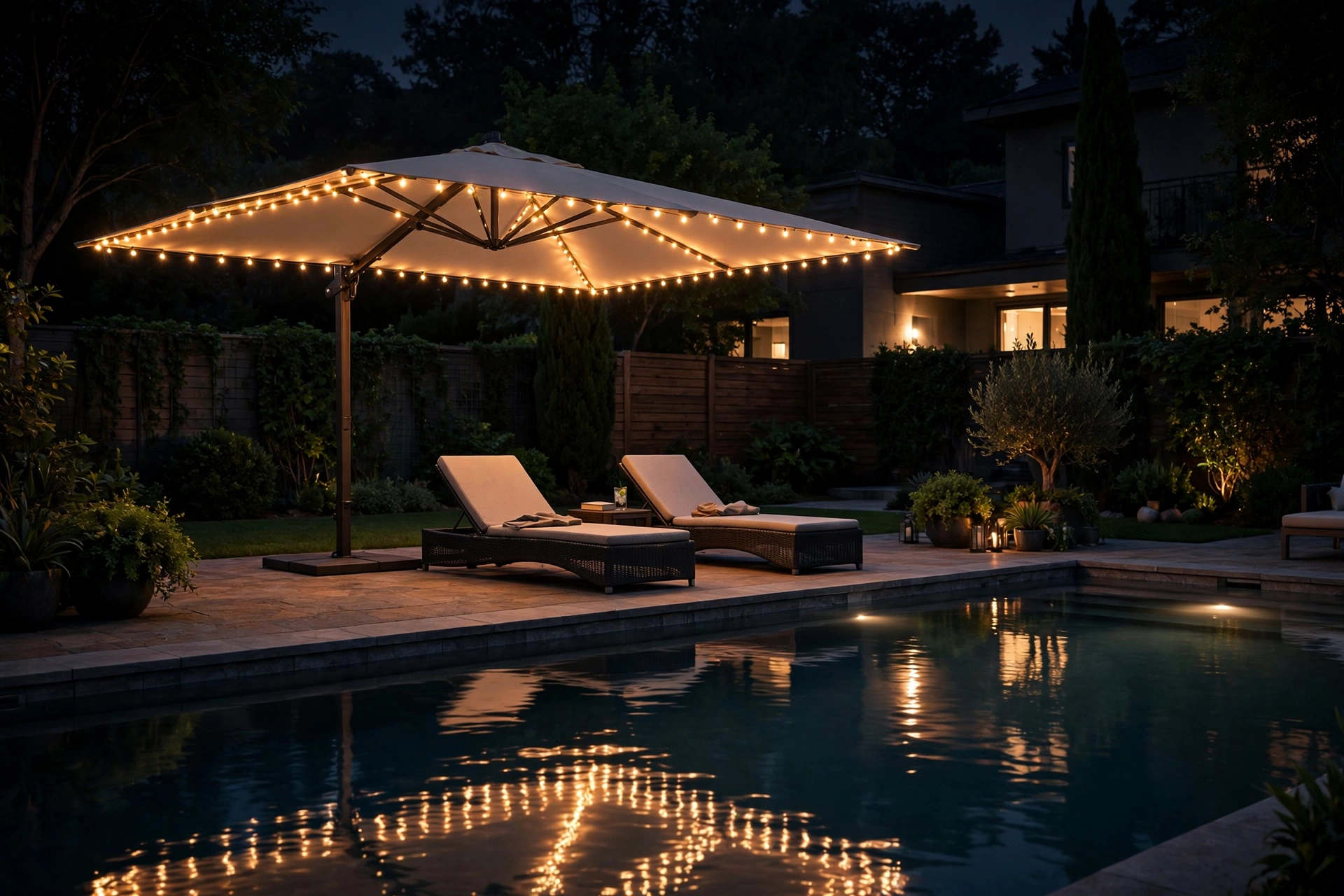 Solar LED patio umbrella lighting a poolside lounge area at night
