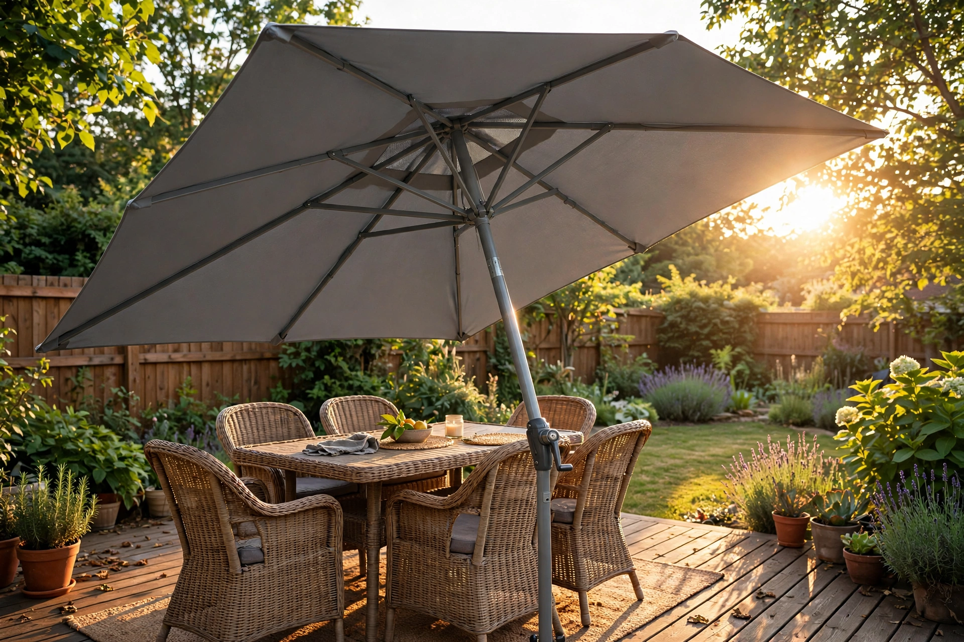 Rectangular solar LED patio umbrella tilted against low afternoon sun