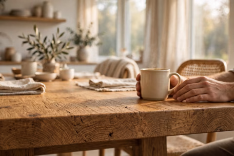 Solid wood vs MDF furniture: close-up of natural oak grain on a solid wood dining table