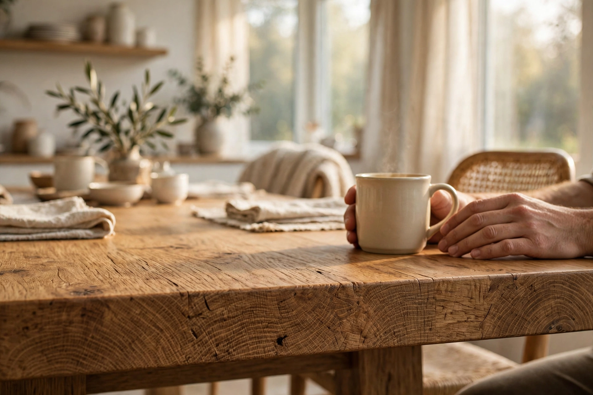 Solid wood vs MDF furniture: close-up of natural oak grain on a solid wood dining table
