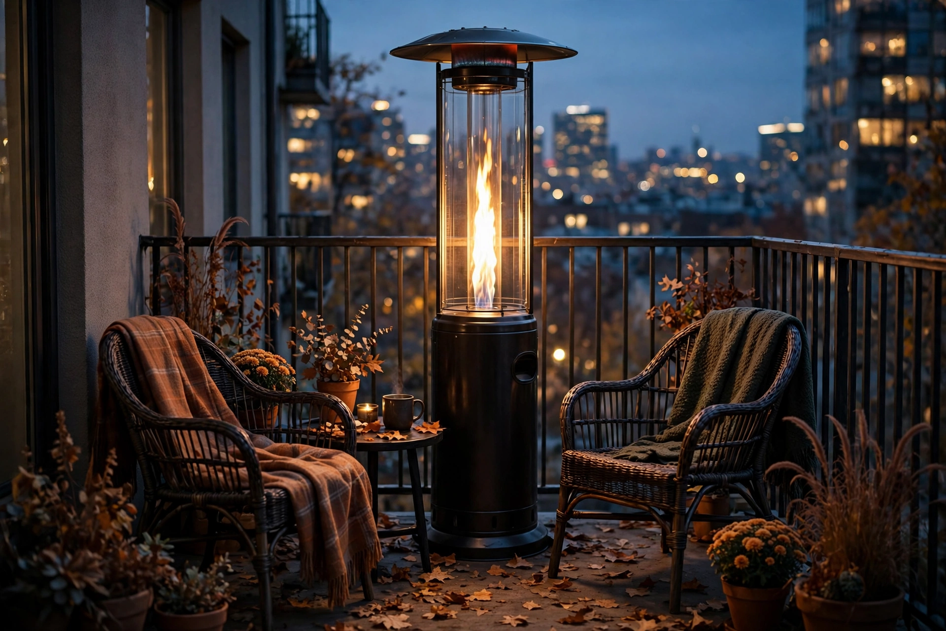 Electric patio heater warming a small apartment balcony in fall