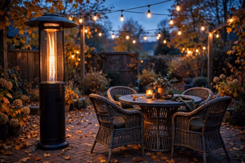 Standing patio heater glowing on a backyard patio at dusk