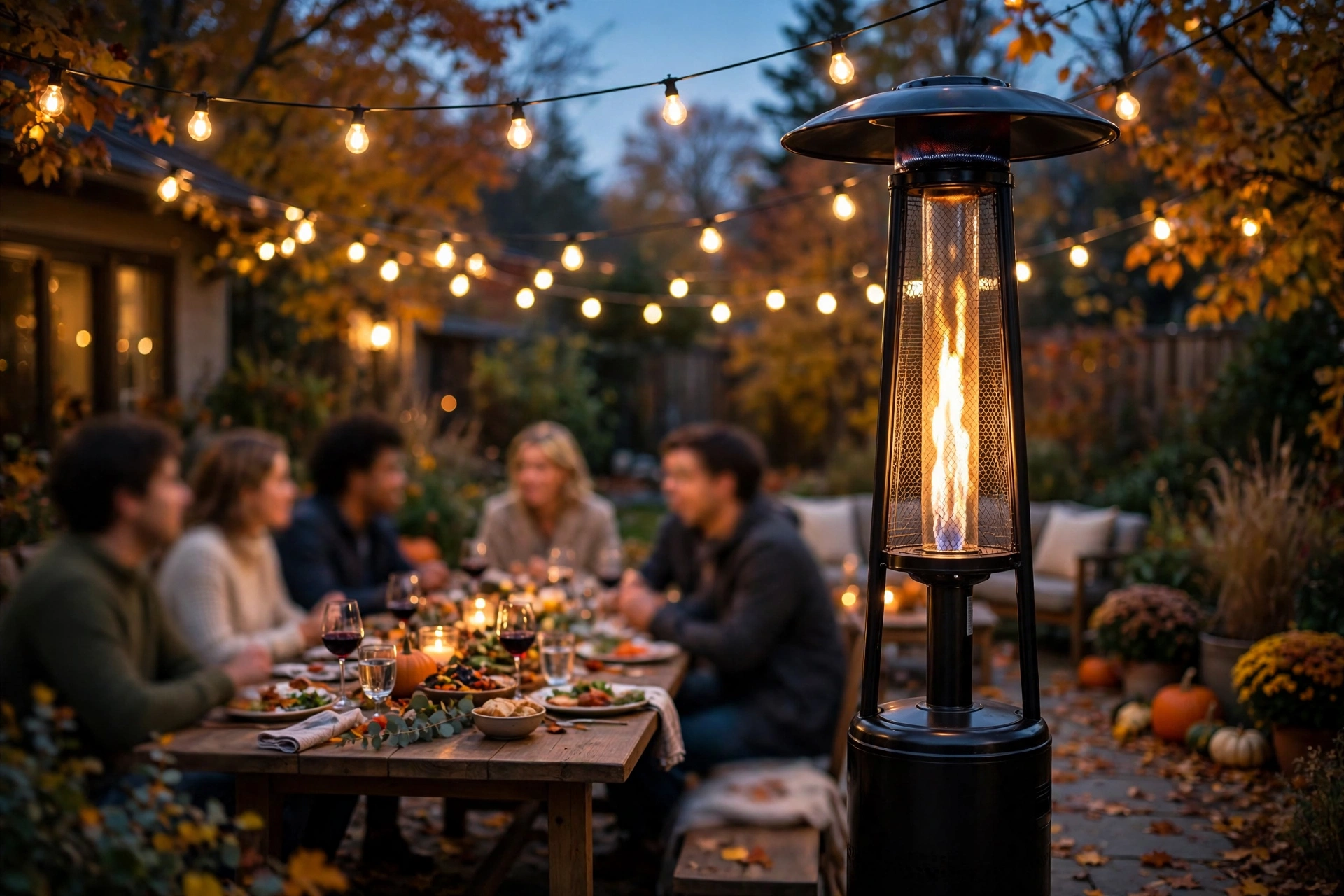 Friends gathered around a patio table with a standing patio heater nearby
