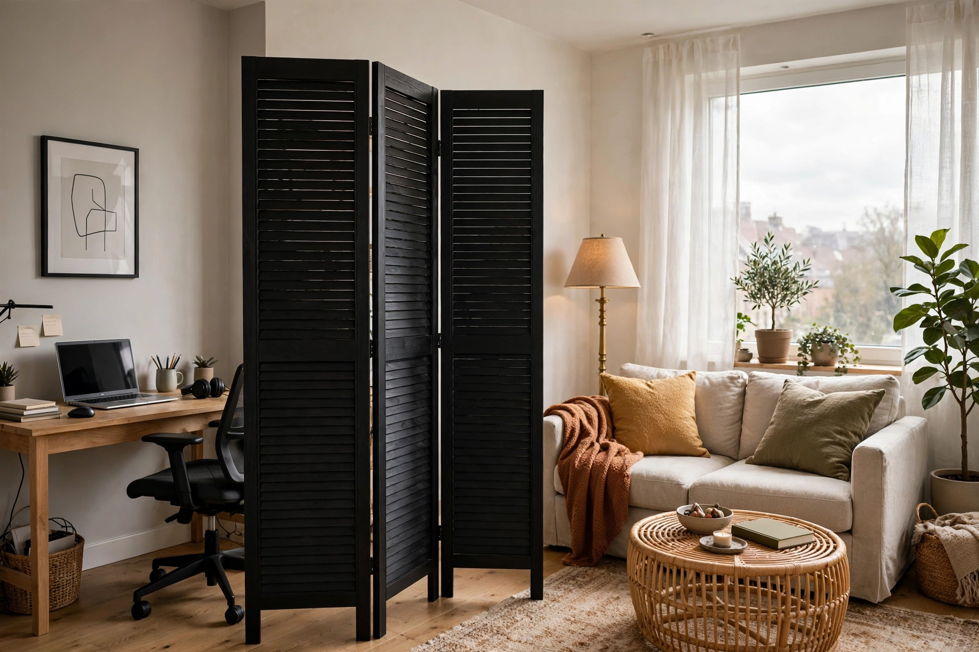 Room divider for studio apartment: black 3-panel wood screen separating a home office corner