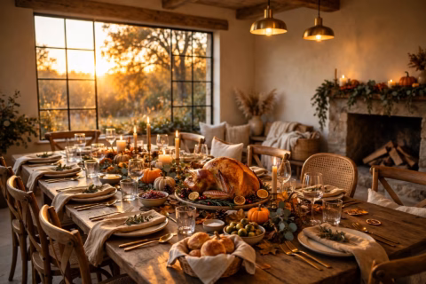 Thanksgiving dining table seating capacity: long wooden table set for a holiday dinner with many chairs
