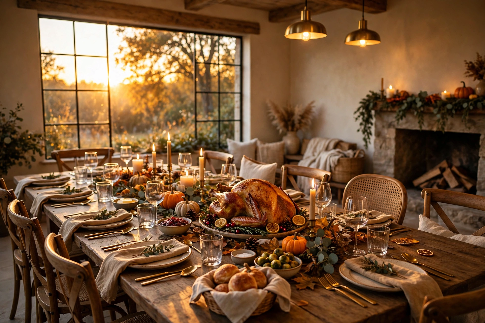 Thanksgiving dining table seating capacity — long wooden table set for a holiday dinner with many chairs