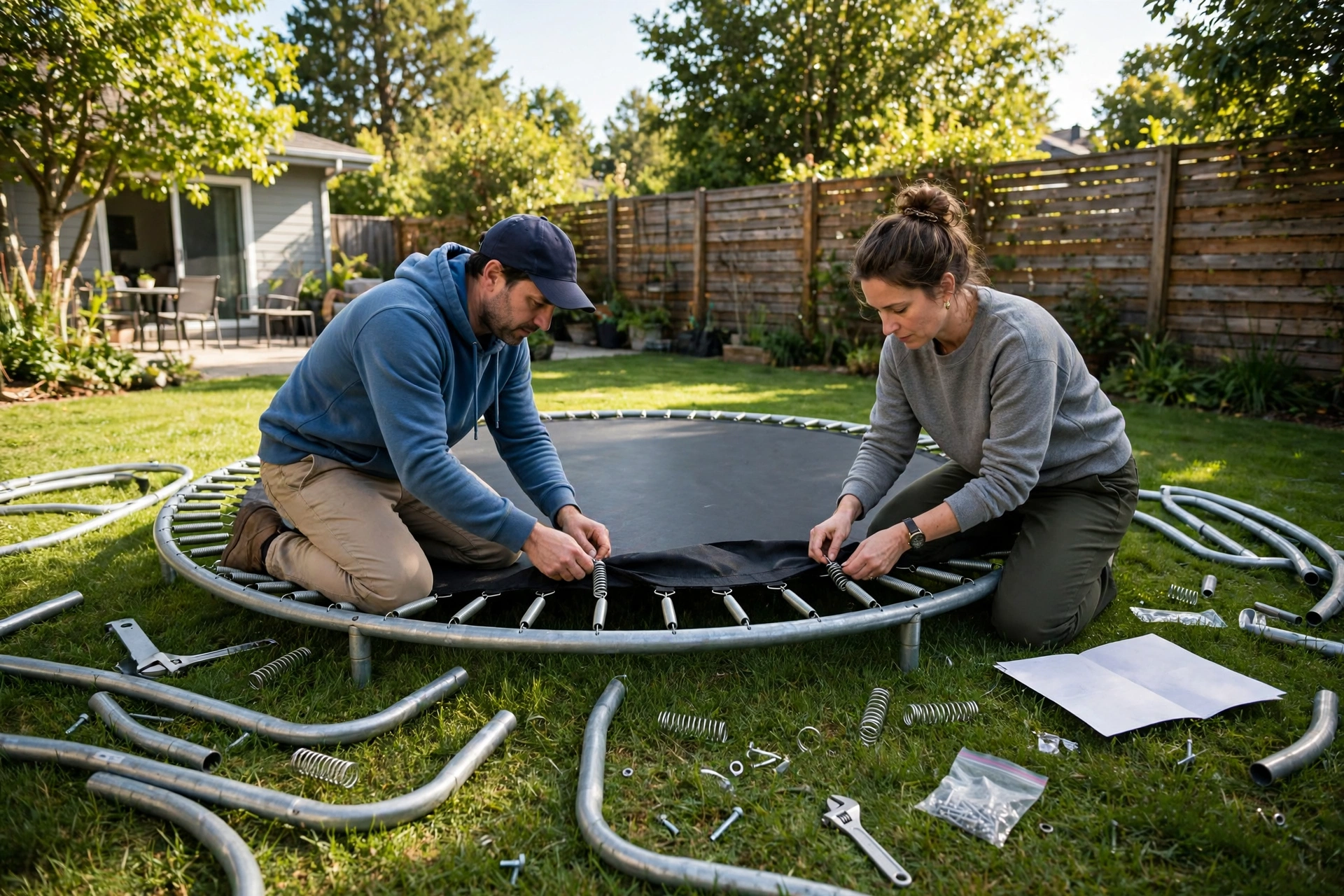 Two adults assembling a 14ft backyard trampoline frame and springs