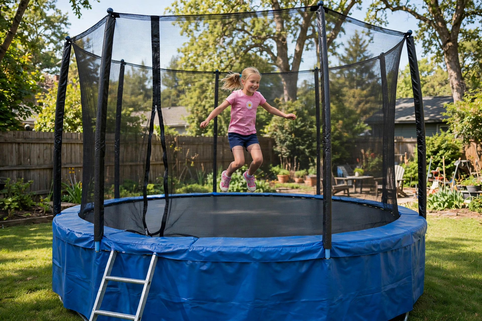 Child jumping on a trampoline with safety enclosure net and ladder