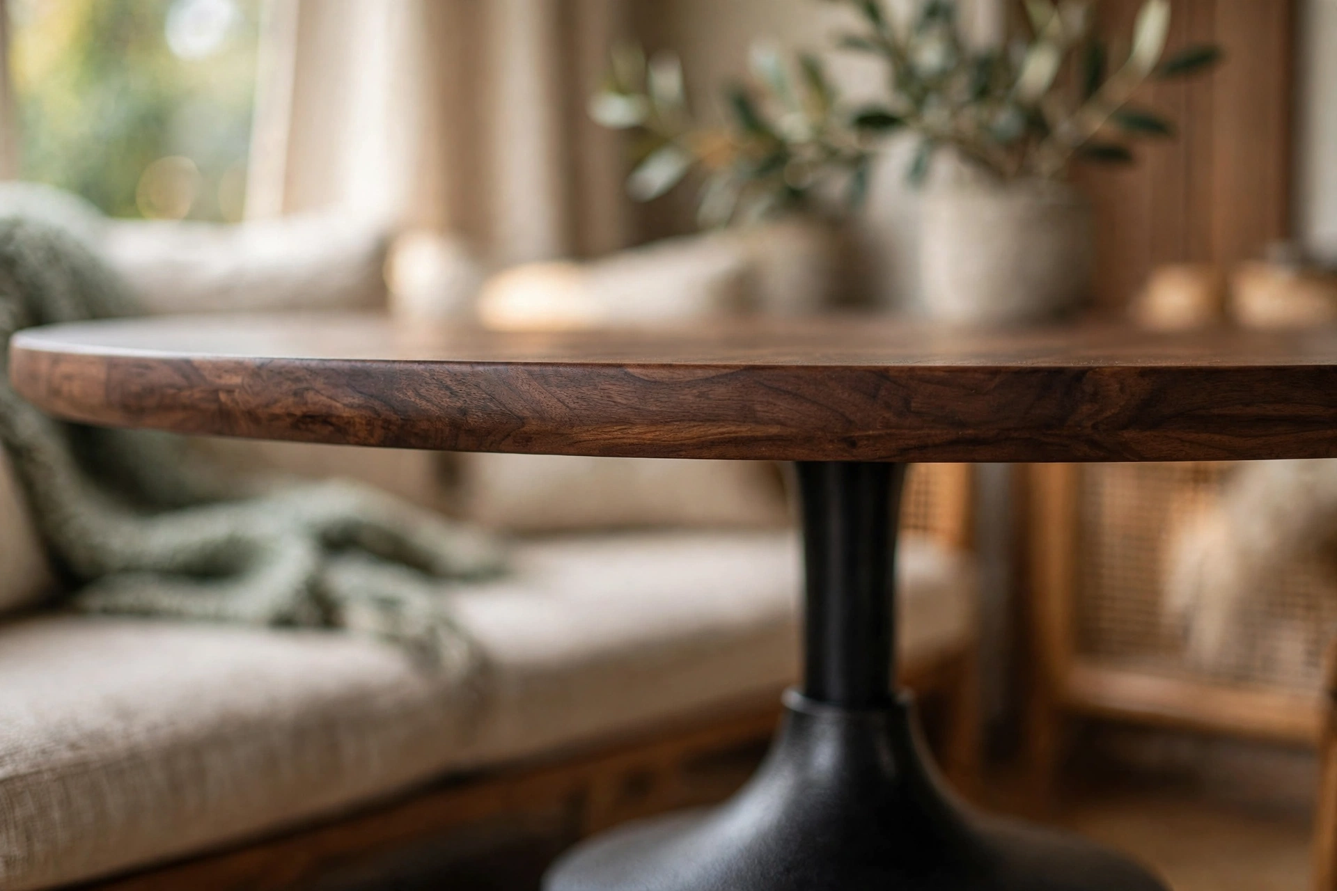 Close-up of the walnut tabletop edge and metal pedestal base of a small kitchen dining table