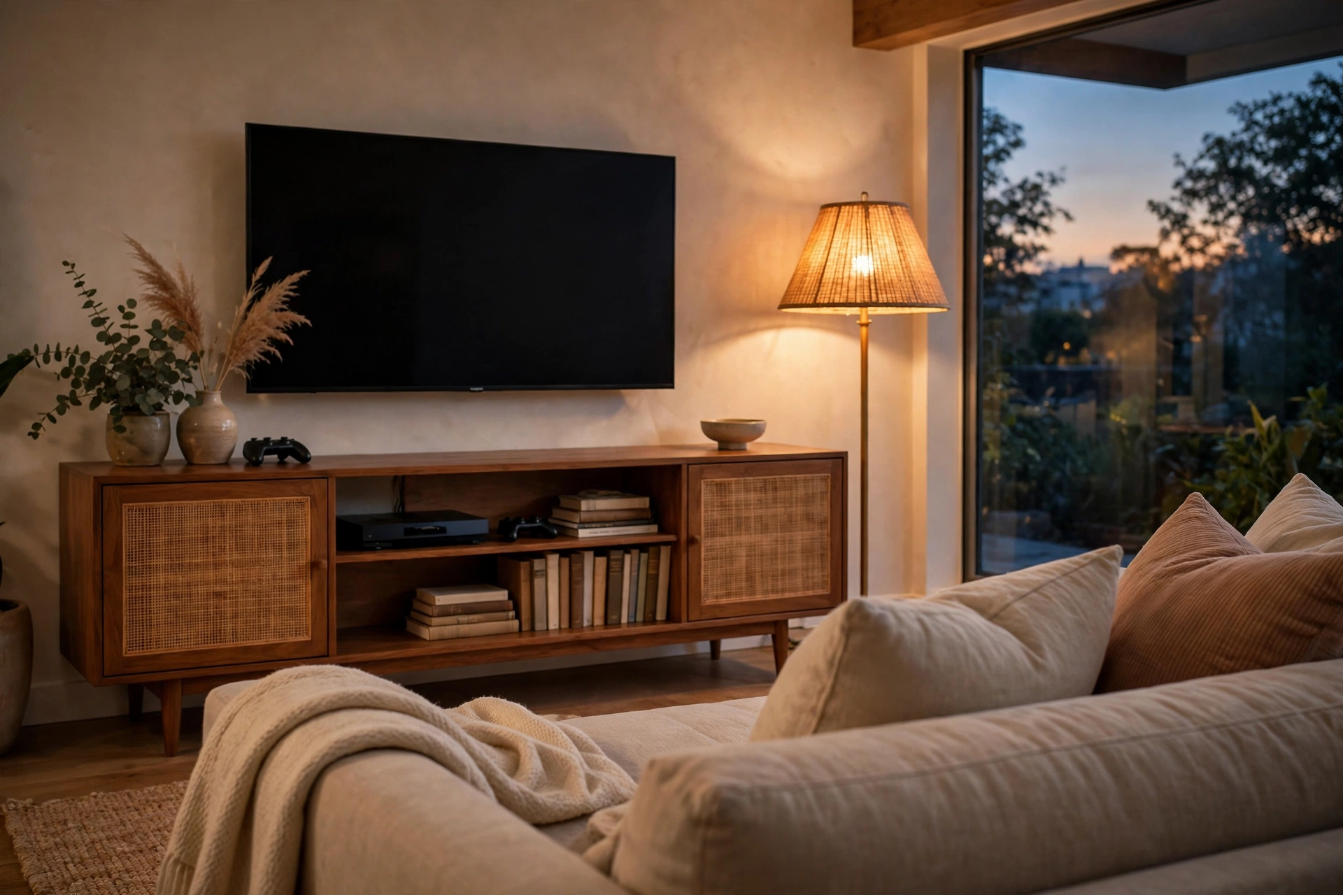 TV stand for 65 inch TV with rattan doors in a cozy living room