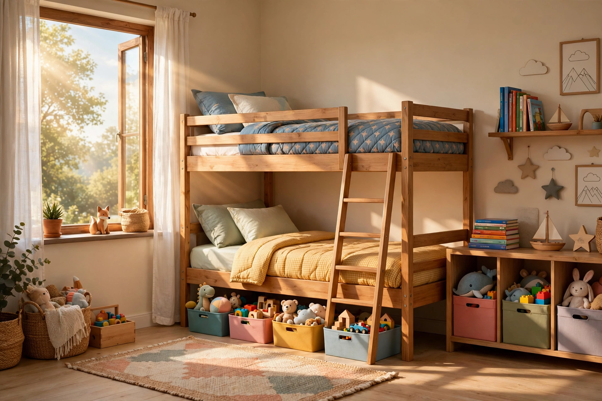 Sunlit kids' bedroom with a twin over twin bunk bed with trundle for shared rooms