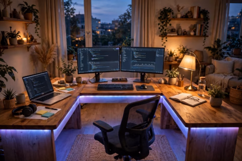 U-shaped desk with LED lights in a home office setup with dual monitors