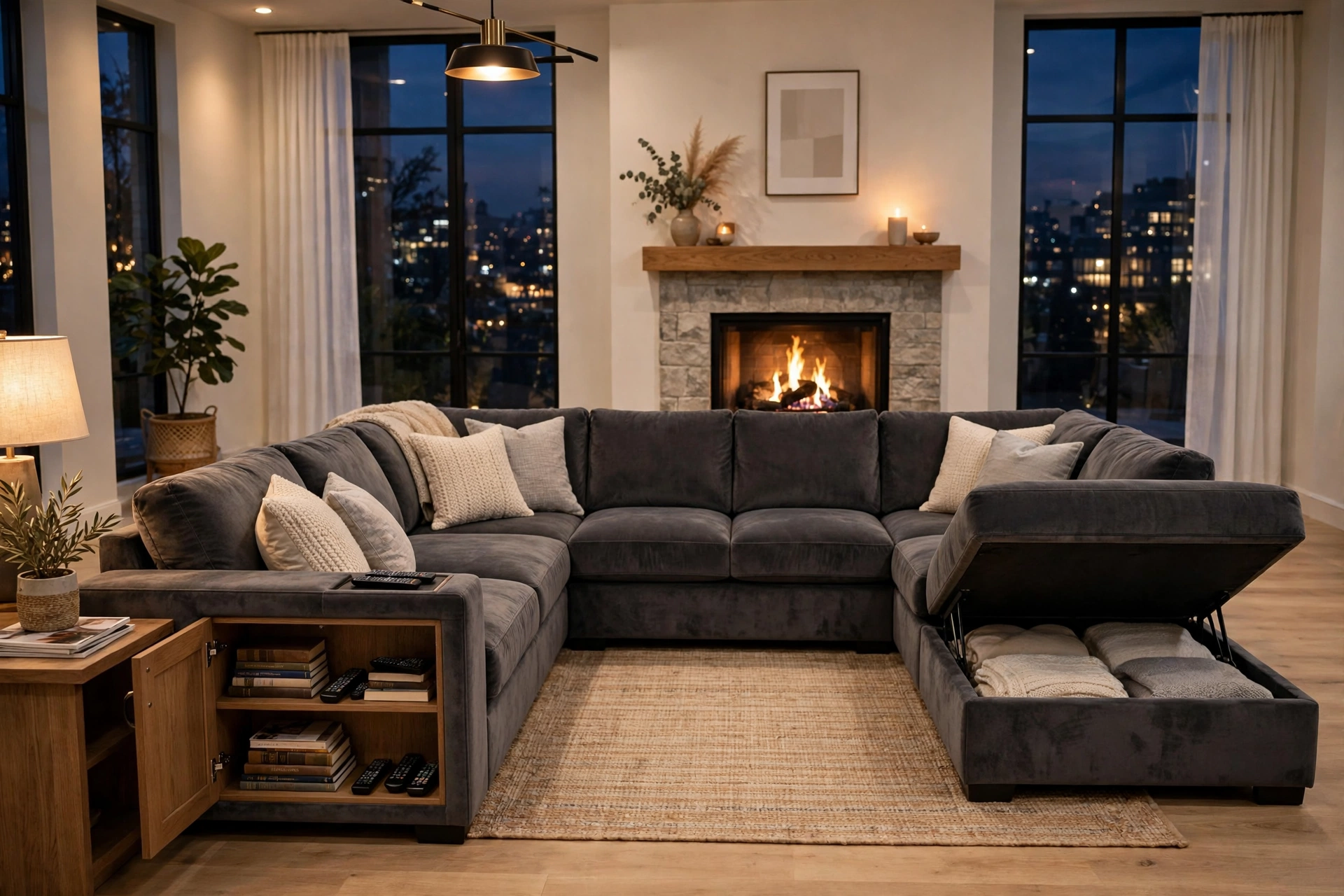U shaped sectional sofa with armrest cabinet and storage chaise in a modern living room